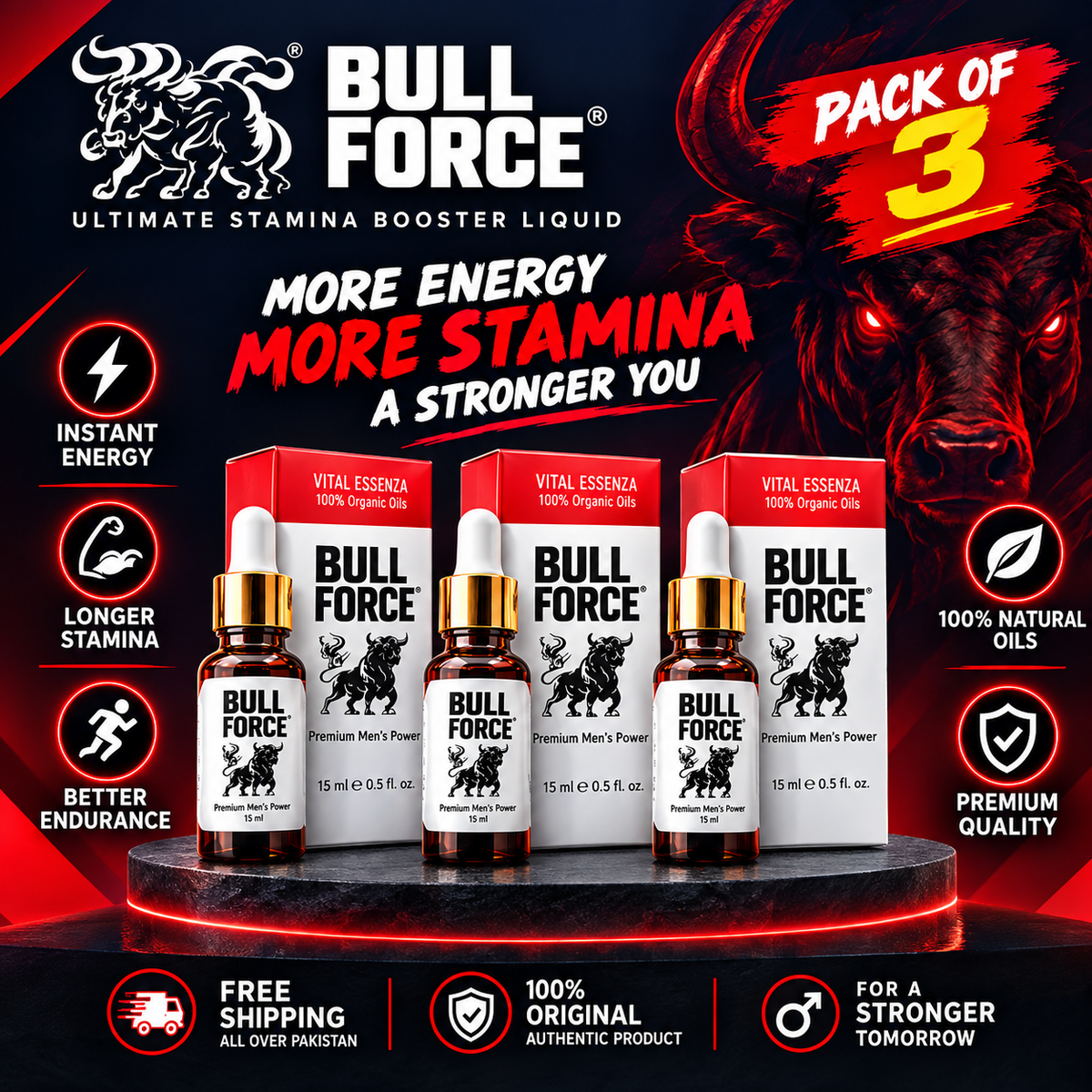 Bull Force – Pack of 3 Stamina Booster Liquid | 15ml × 3